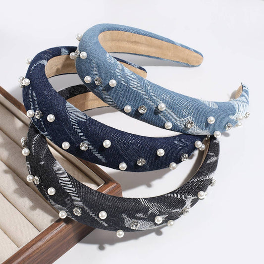 SIMPLE DENIM FAUX PEARL RHINESTONE HEADBAND_CWAHA2263