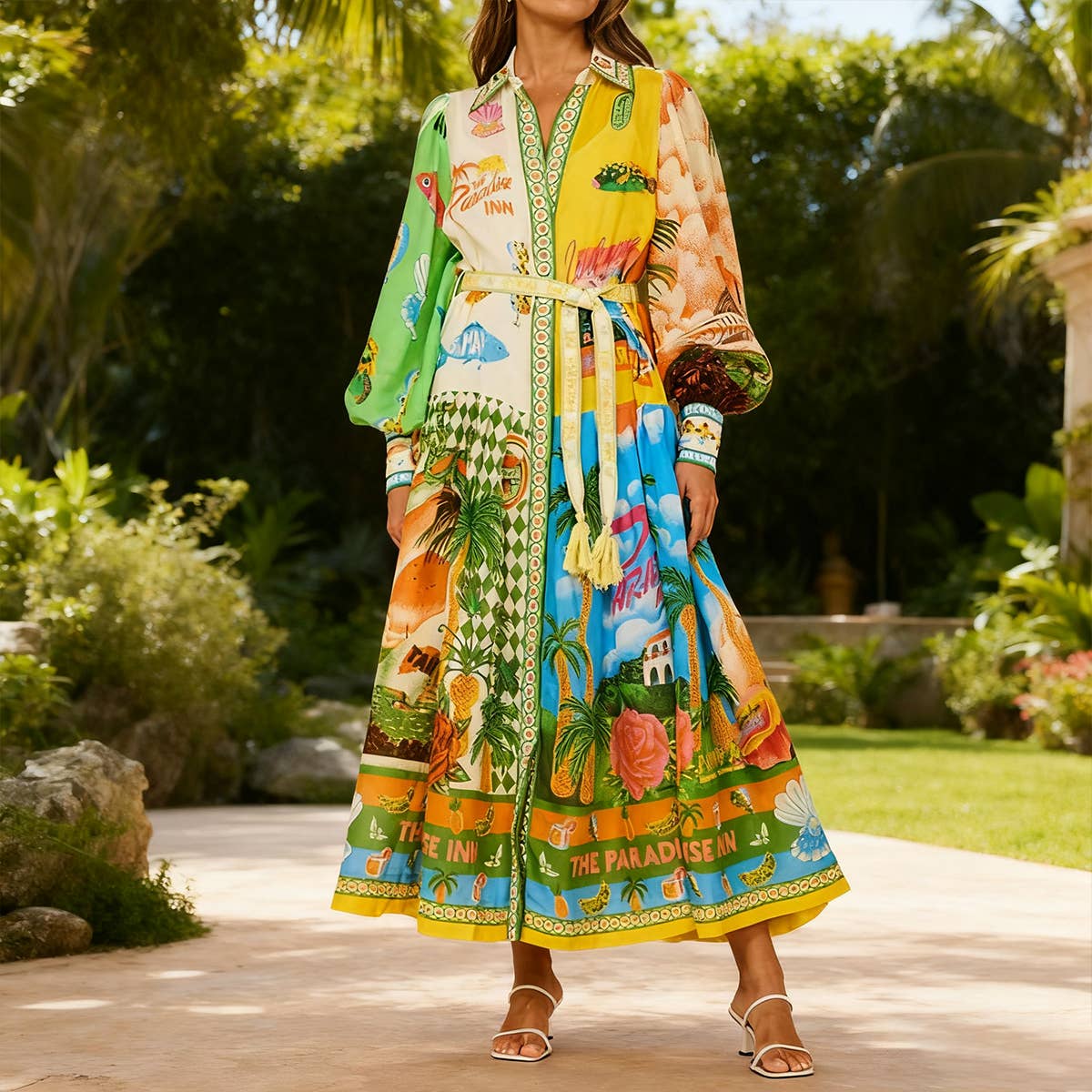 Lantern-sleeved graffiti printed lace-up dress