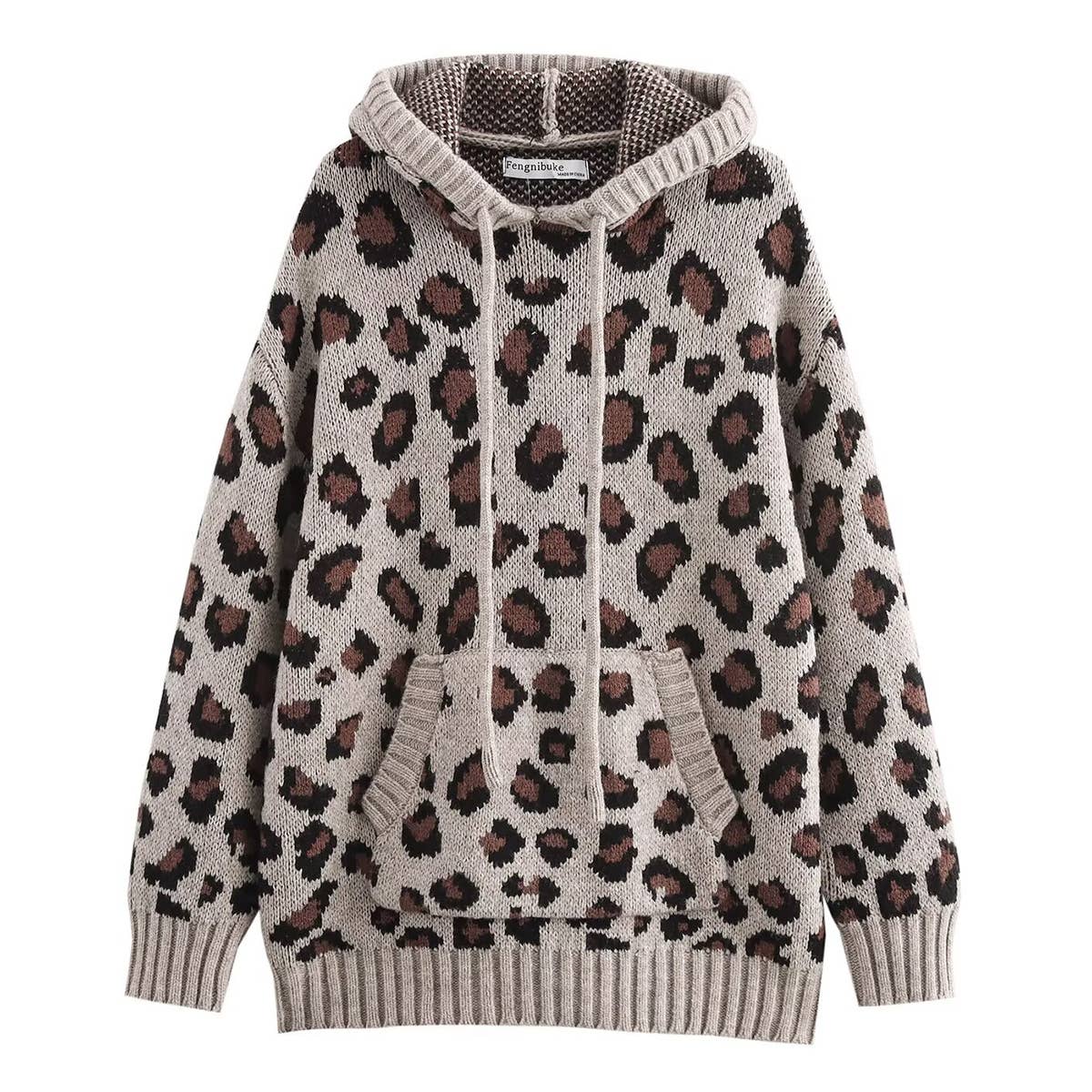 LEOPARD PRINT JACQUARD HOODED KNIT JUMPER