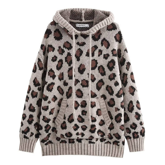 LEOPARD PRINT JACQUARD HOODED KNIT JUMPER