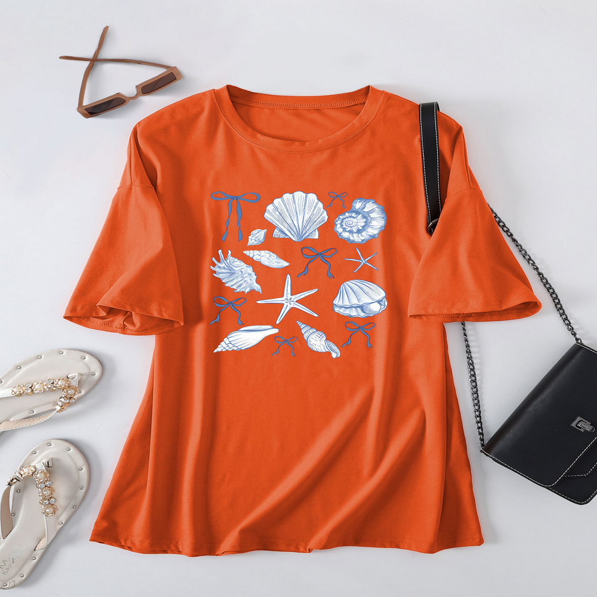 Cute Bow Print T-Shirt for Women, Shell Neckline
