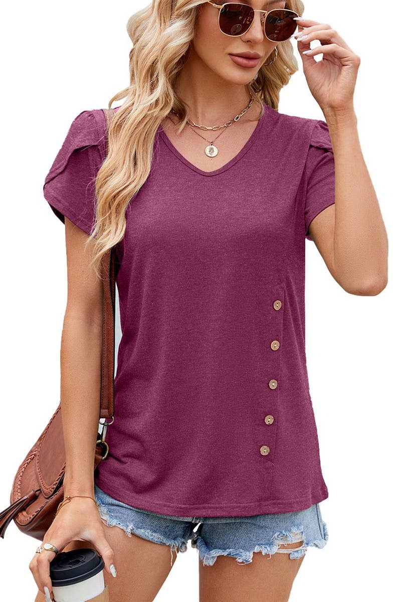 V NECK BUTTON PETALS SLEEVE SHORT SLEEVE SHIRT_CWTSTS0150