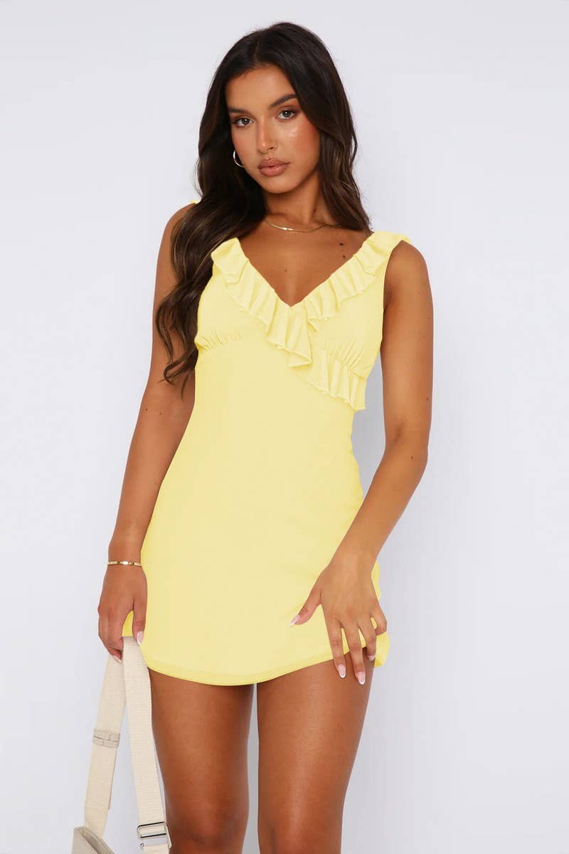 CWDSD7270_V-NECK PLEATED RUFFLE SLEEVELESS DRESS