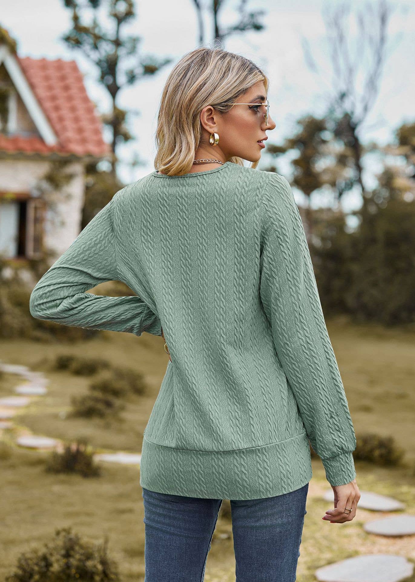 SQUARE NECK CROSS LONG SLEEVE LOOSE T-SHIRT