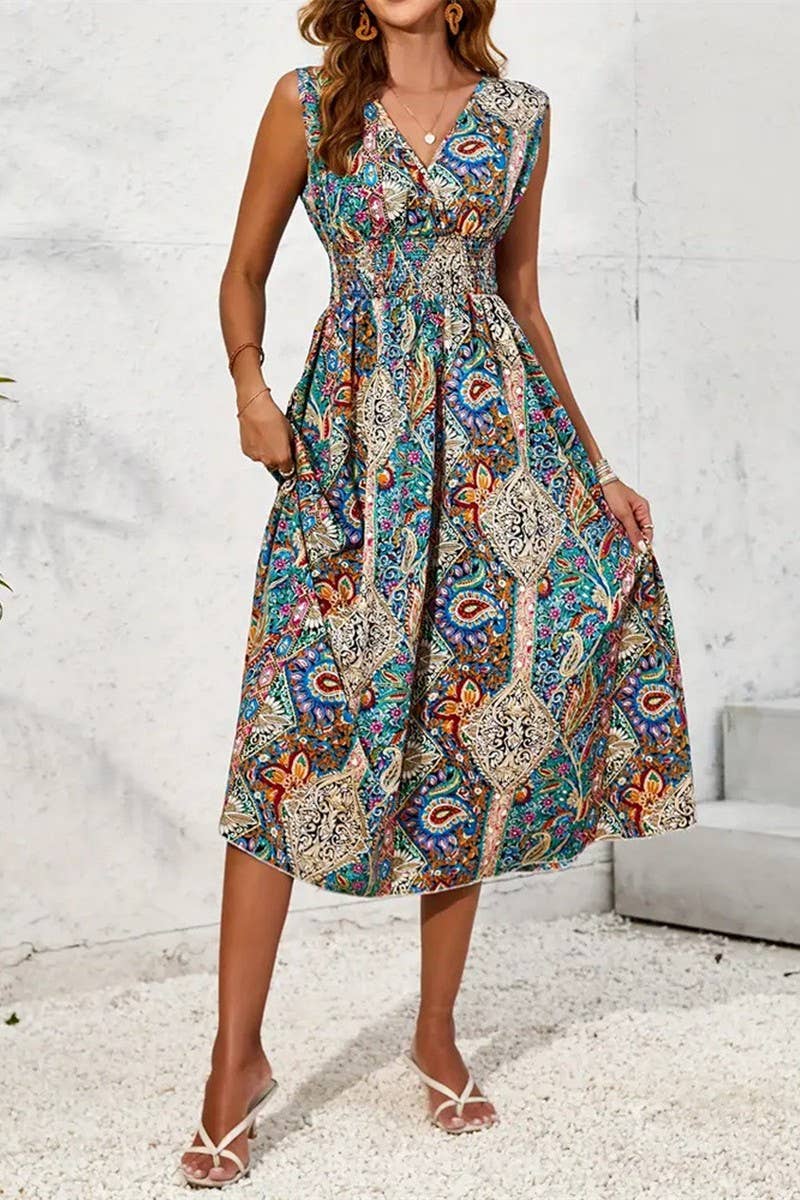 CWDMD5083_SUMMER V-NECK SLEEVELESS CONTRAST COLOR DRESS