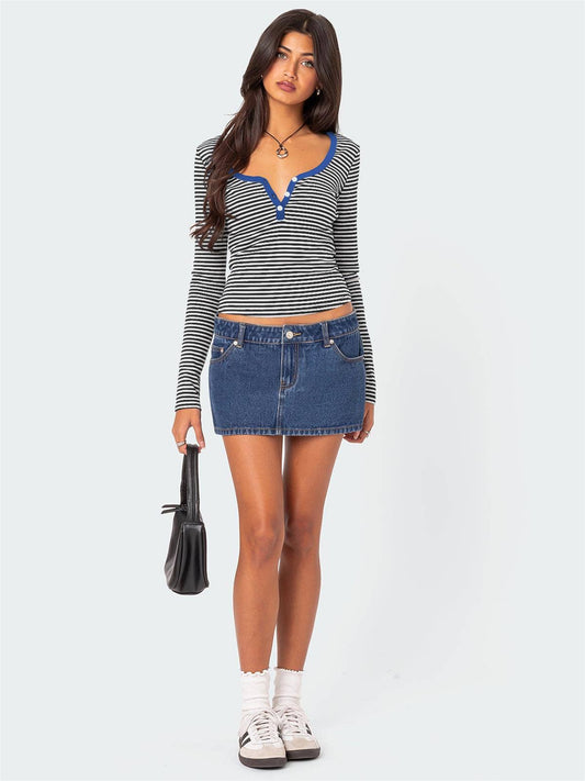 STRIPED COLOR CONTRAST KNIT BUTTON COTTON T-SHIRT