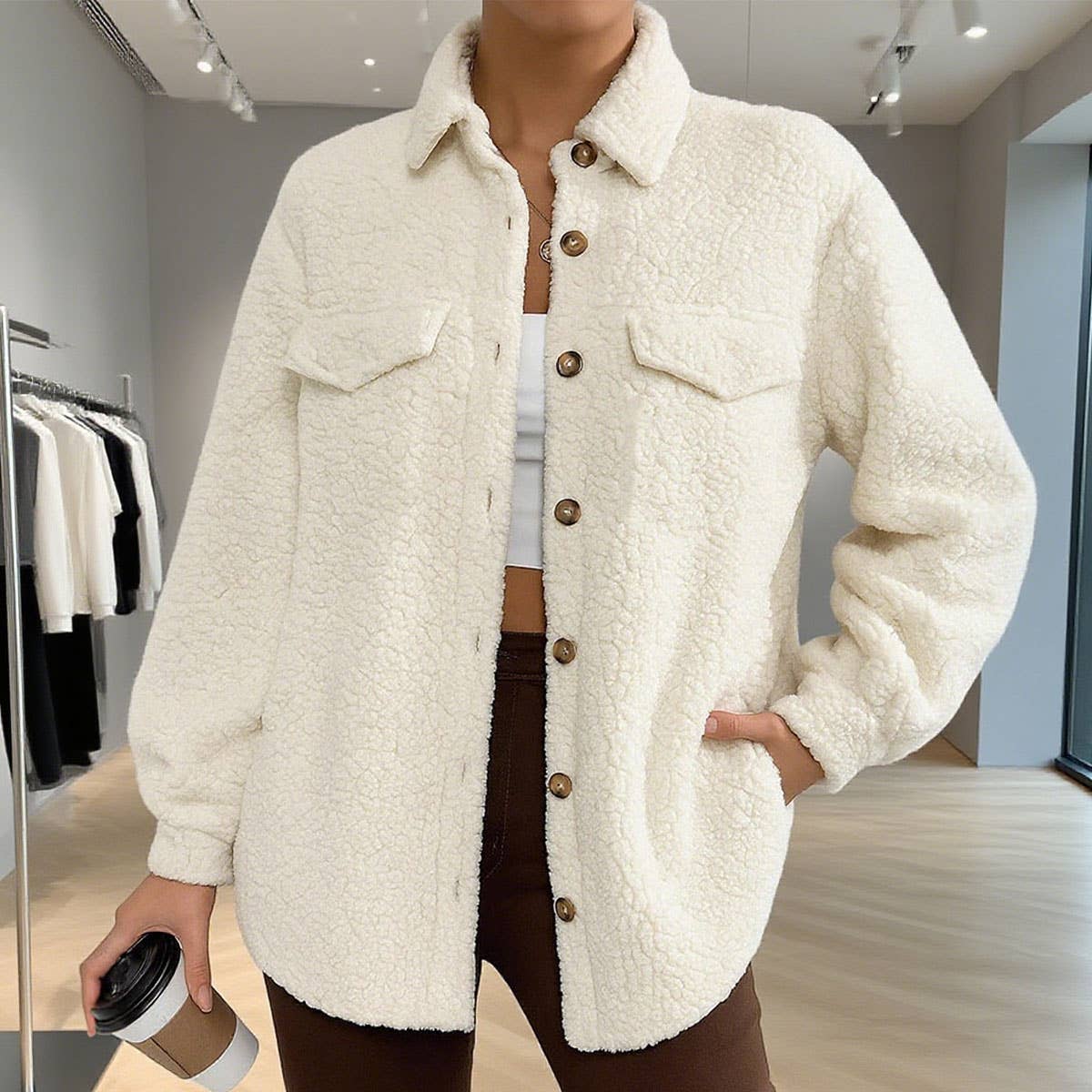 Solid-colored long-sleeved lapel fleece coat