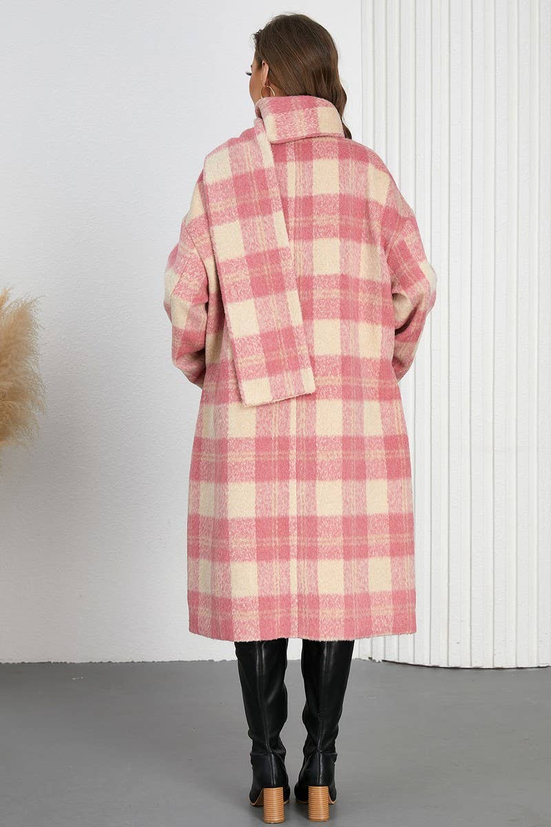 CWOCO0946_DOUBLE BREASTED PLAID V-NECK SCARF COAT