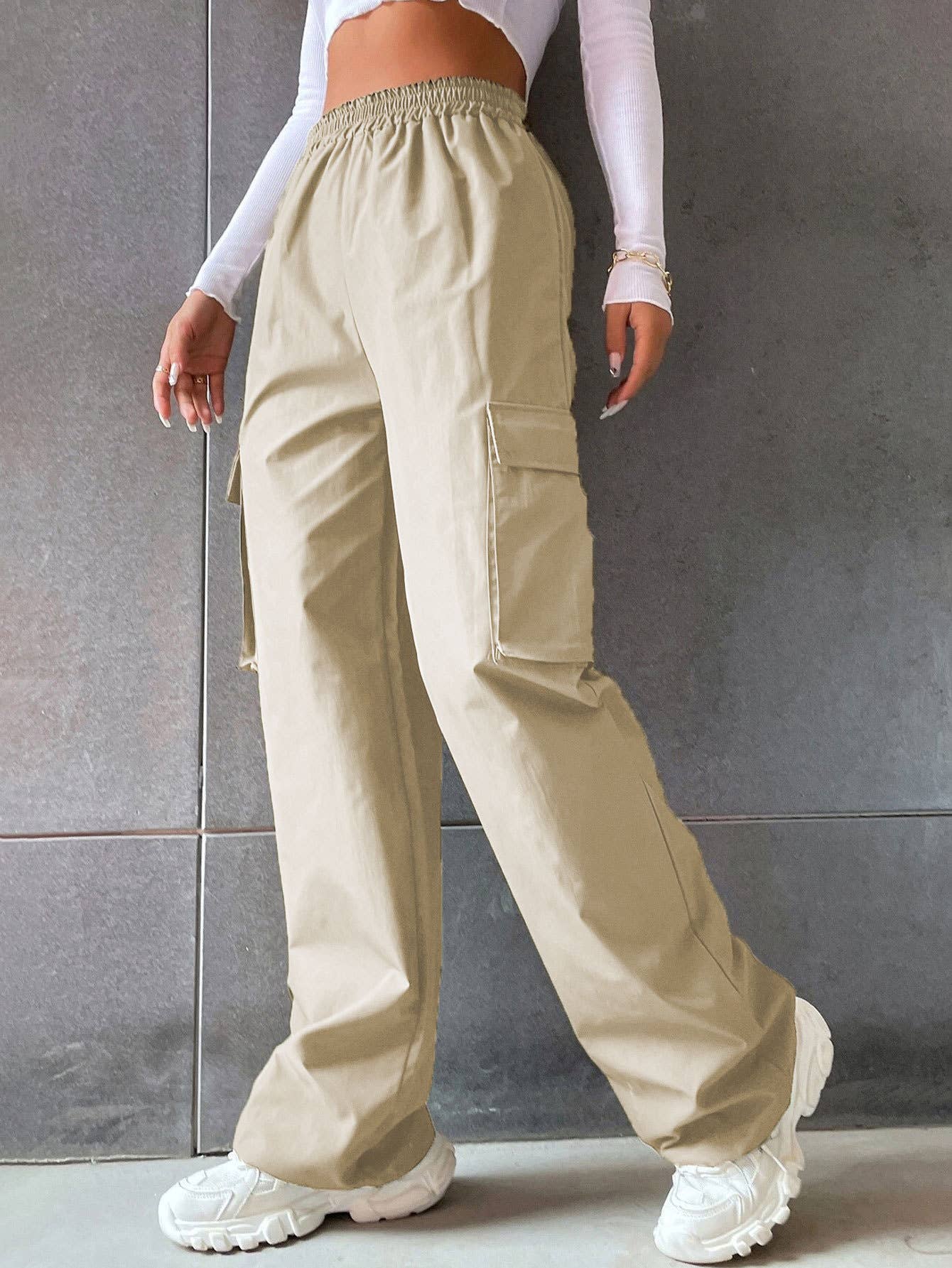 SOLID COLOR HIGH-WAISTED POCKET CARGO PANTS