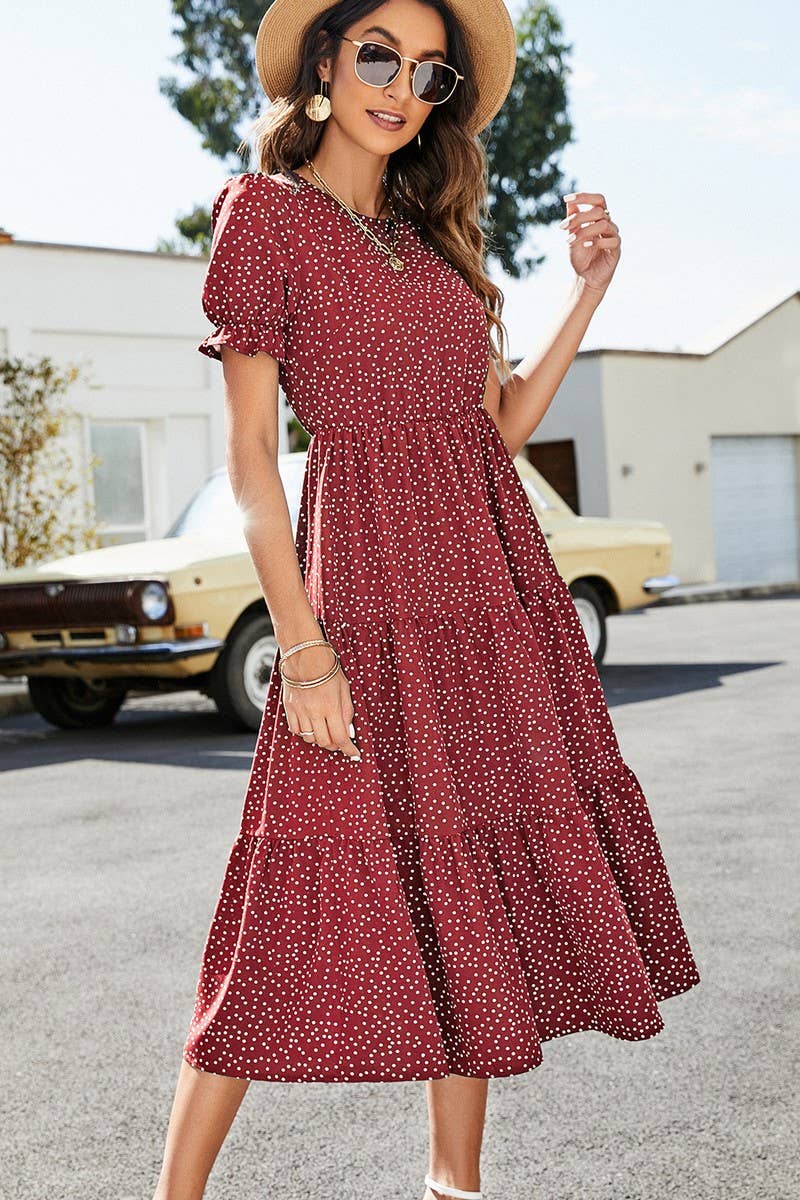 CWDMD1236_Round neck Tiered Detailed Short Sleeve Dress