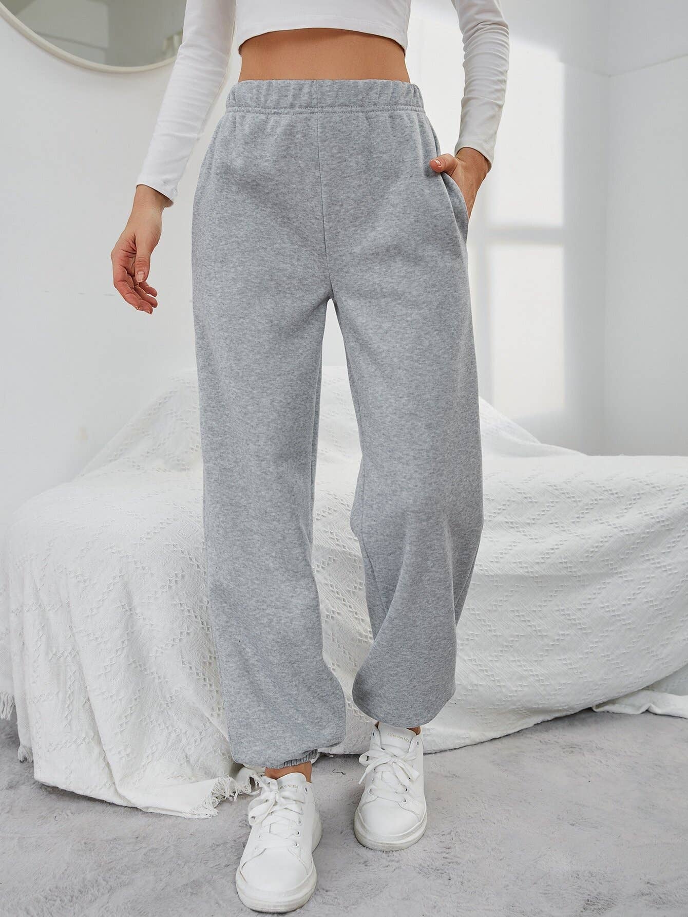 POCKET DESIGN HIGH-WAISTED SPORTS FLEECE PANTS