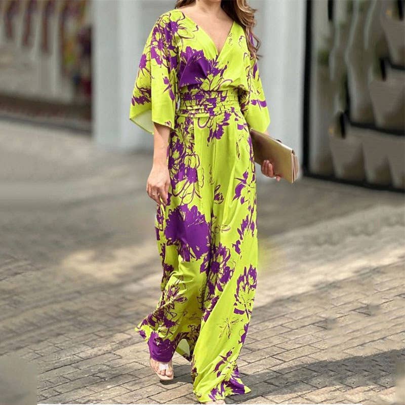 Printed bat-sleeved high-waisted jumpsuit