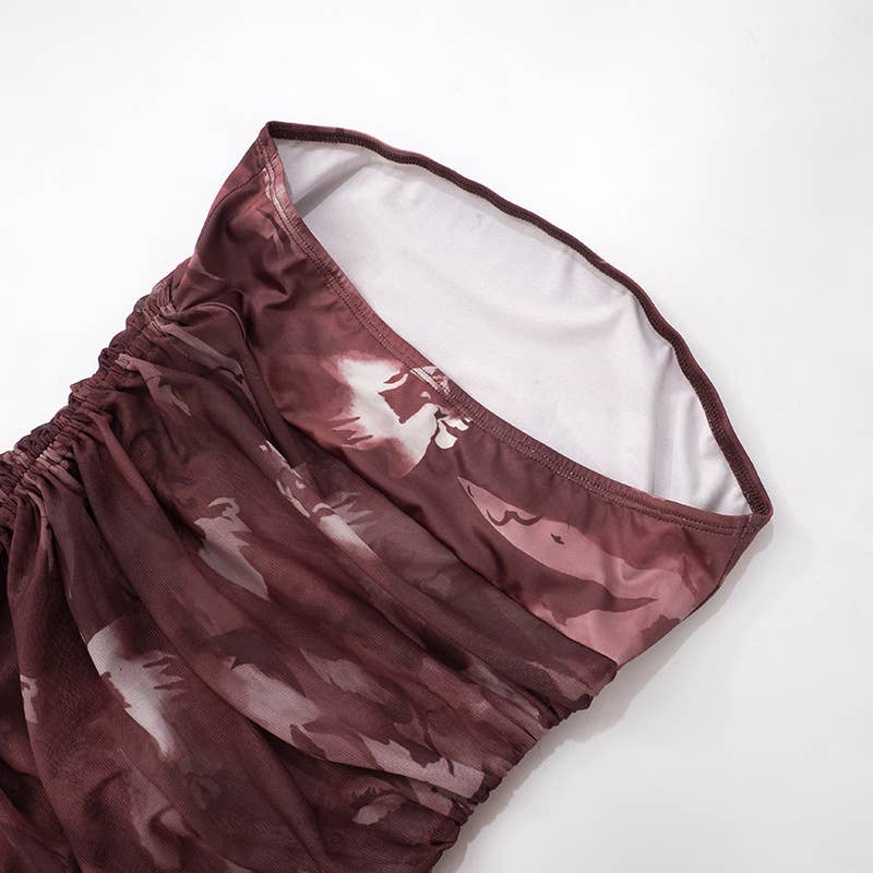 PRINTED PLEATED BODICE SLIM SPLIT SHORT DRESS