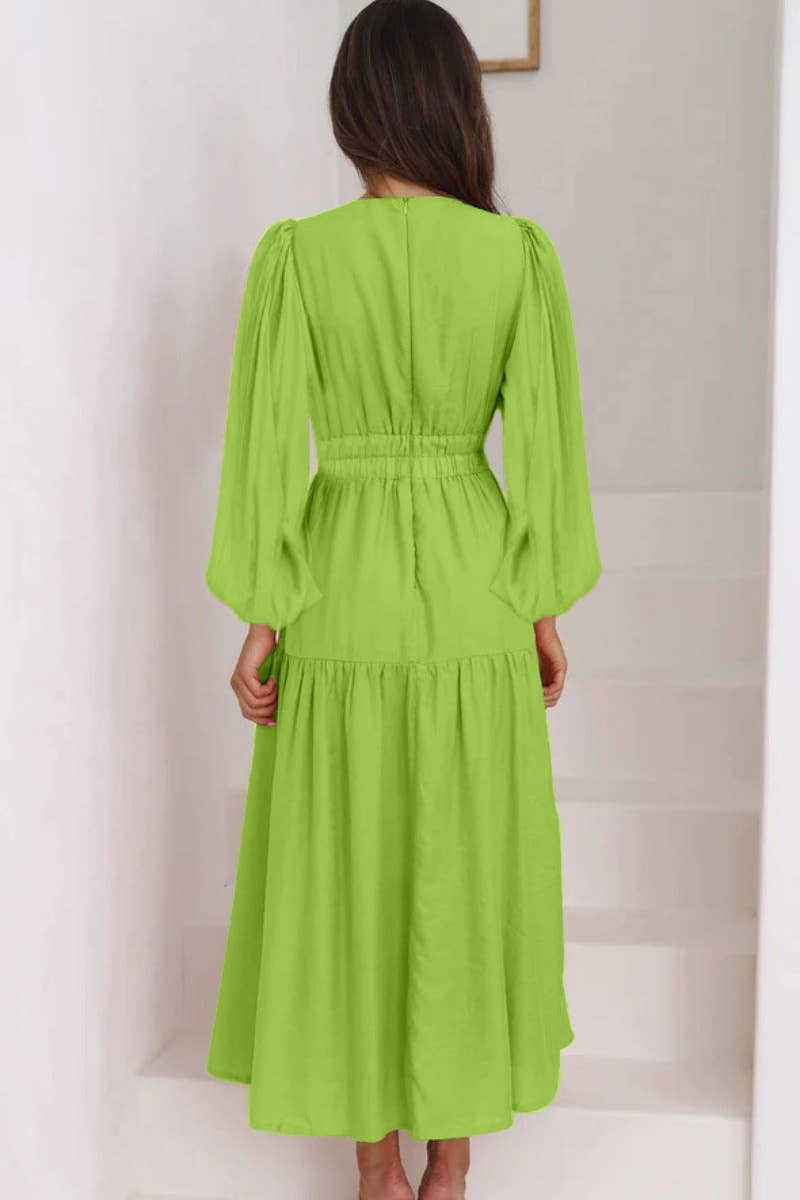 CWDMD4036_AUTUMN V-NECK LONG SLEEVE WAIST DRESS LONG STYLE