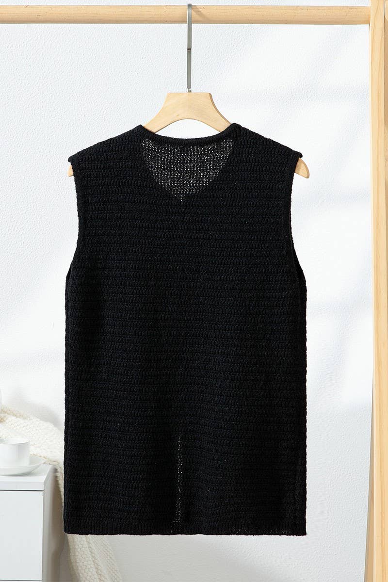 CWOCASL0045_SOLID COLOR SLEEVELESS BUTTON VEST CARDIGAN