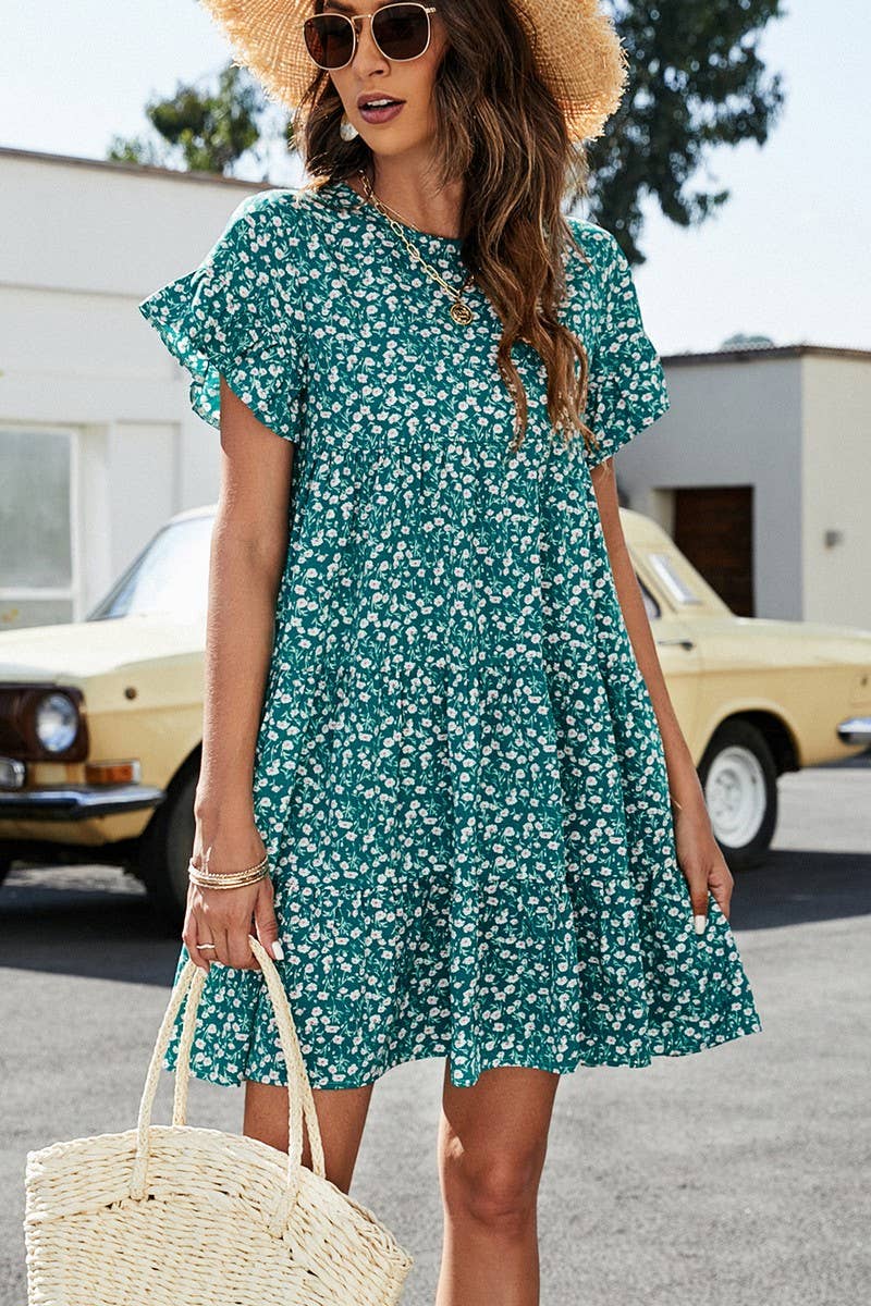 CWDSD2702_Round neck Print Short Sleeve Dress