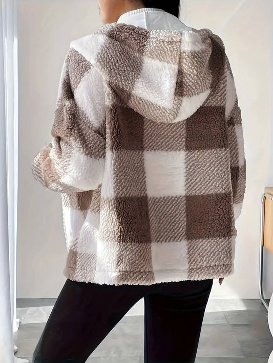 TEMPERAMENT PLAID LOOSE CASUAL HOODED CARDIGAN