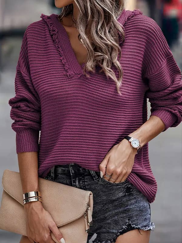 SOLID COLOR WOOLEN FASHION PULLOVER KNIT HOODIE