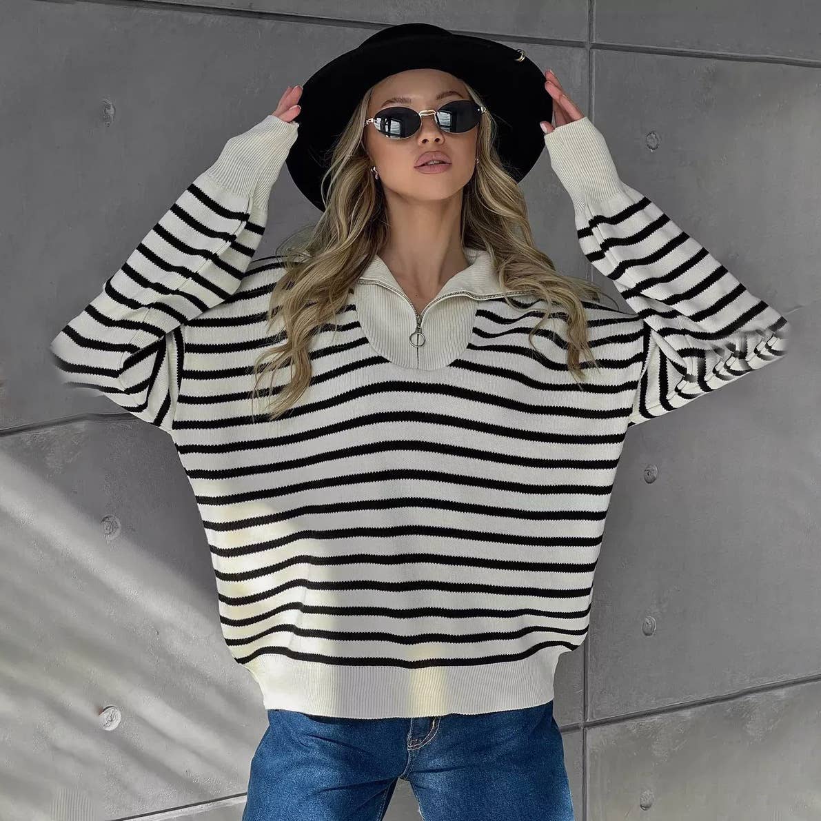 Striped lapel half-zipper pullover sweater