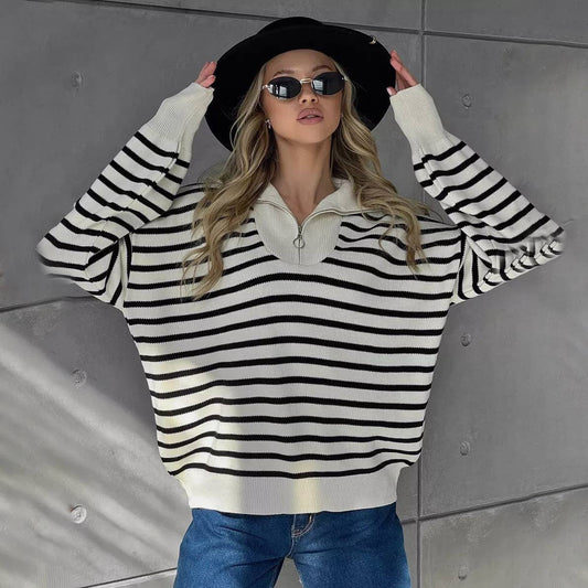 Striped lapel half-zipper pullover sweater
