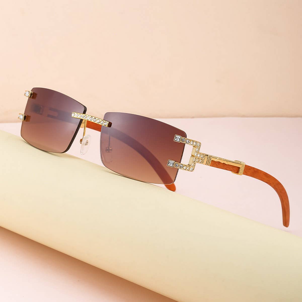 VINTAGE FAUX WOOD FRAMELESS DIAMOND SUNGLASSES