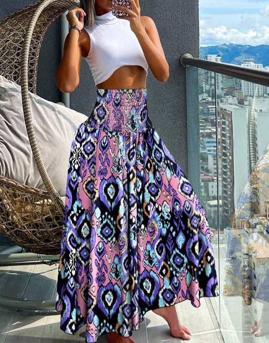 Tropical print retro floral print wide leg pants