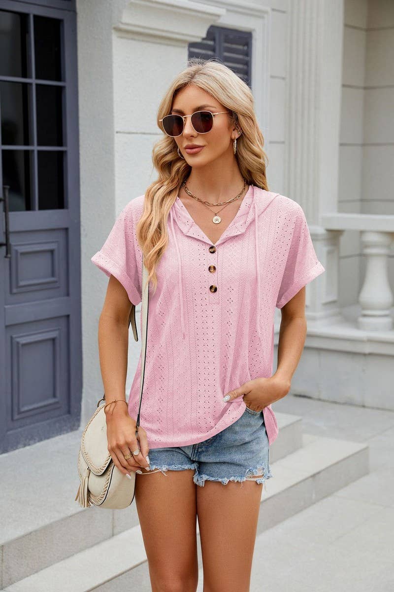 CWOHOS0015_Button Neck Short Sleeve Hoodi Knit Top