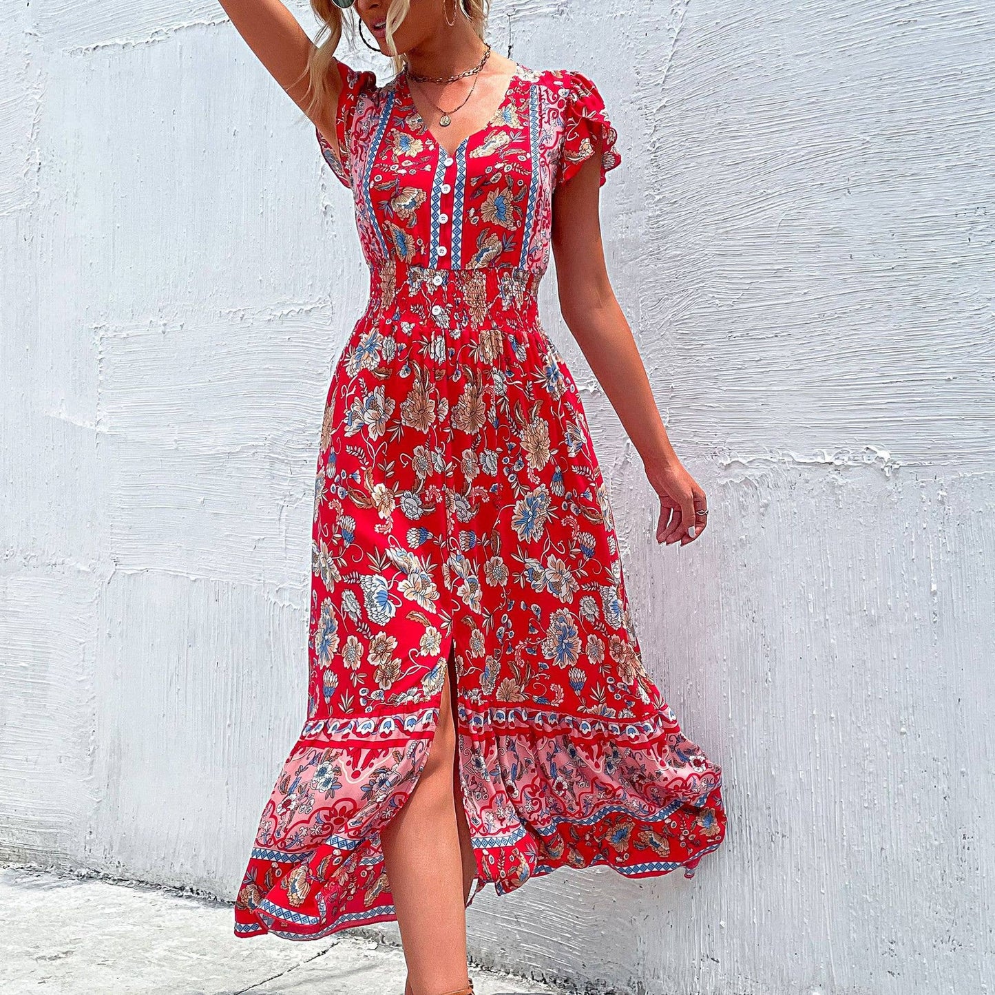 oho V Neck Split Hem Ethnic Print Dress