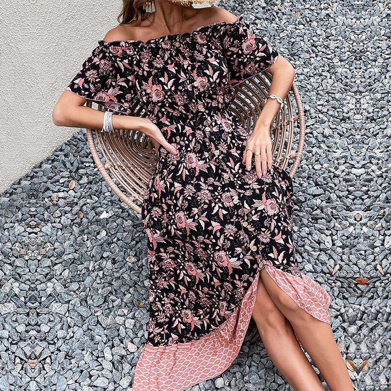 PRINTED ONE-LINE COLLAR DRESS