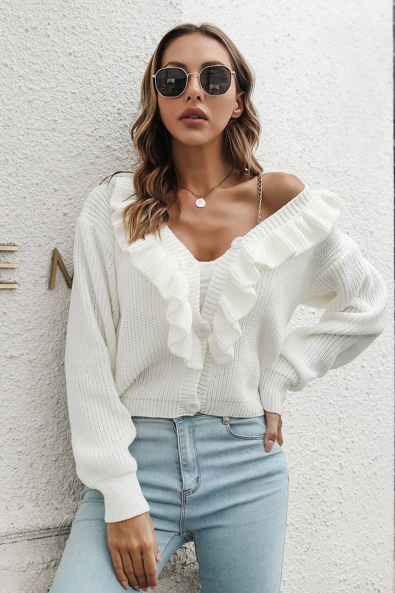 CWOCAL1160_RUFFLED LOOSE KNITTED SWEATER CARDIGAN COAT