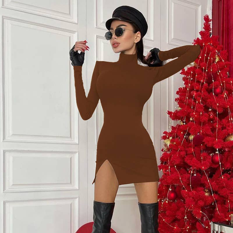 Long-sleeved high-neck sexy slit short dress