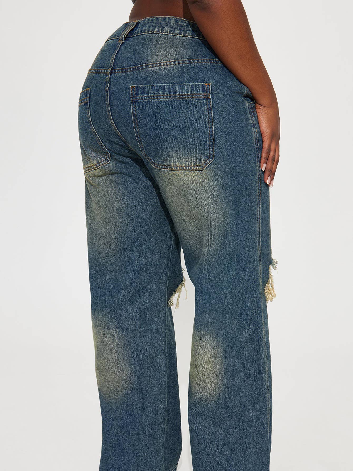 VINTAGE HEAVY WASH KNEE HOLE WIDE-LEG DENIM PANTS