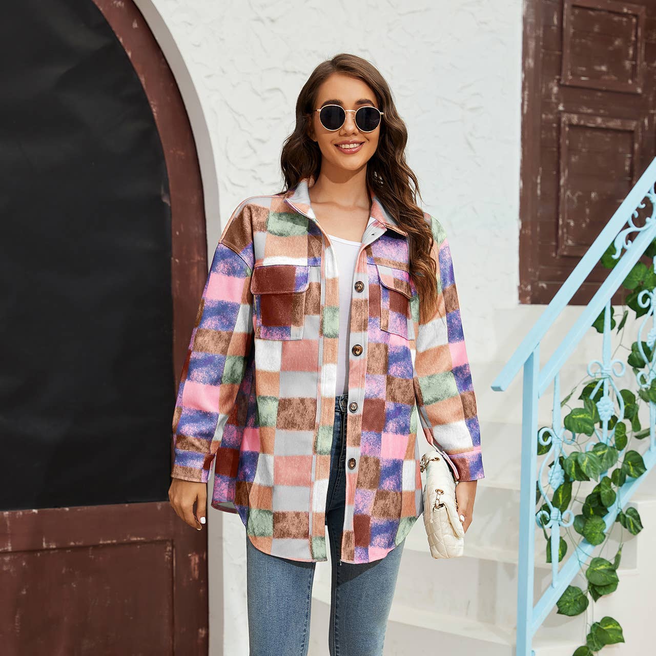 Tweed color-blocked fashionable shirt jacket