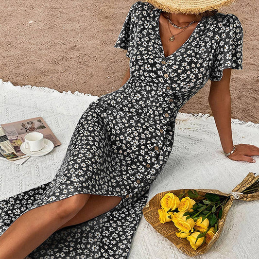 SLIM-FIT HOLIDAY PRINT DRESS WITH SPLIT