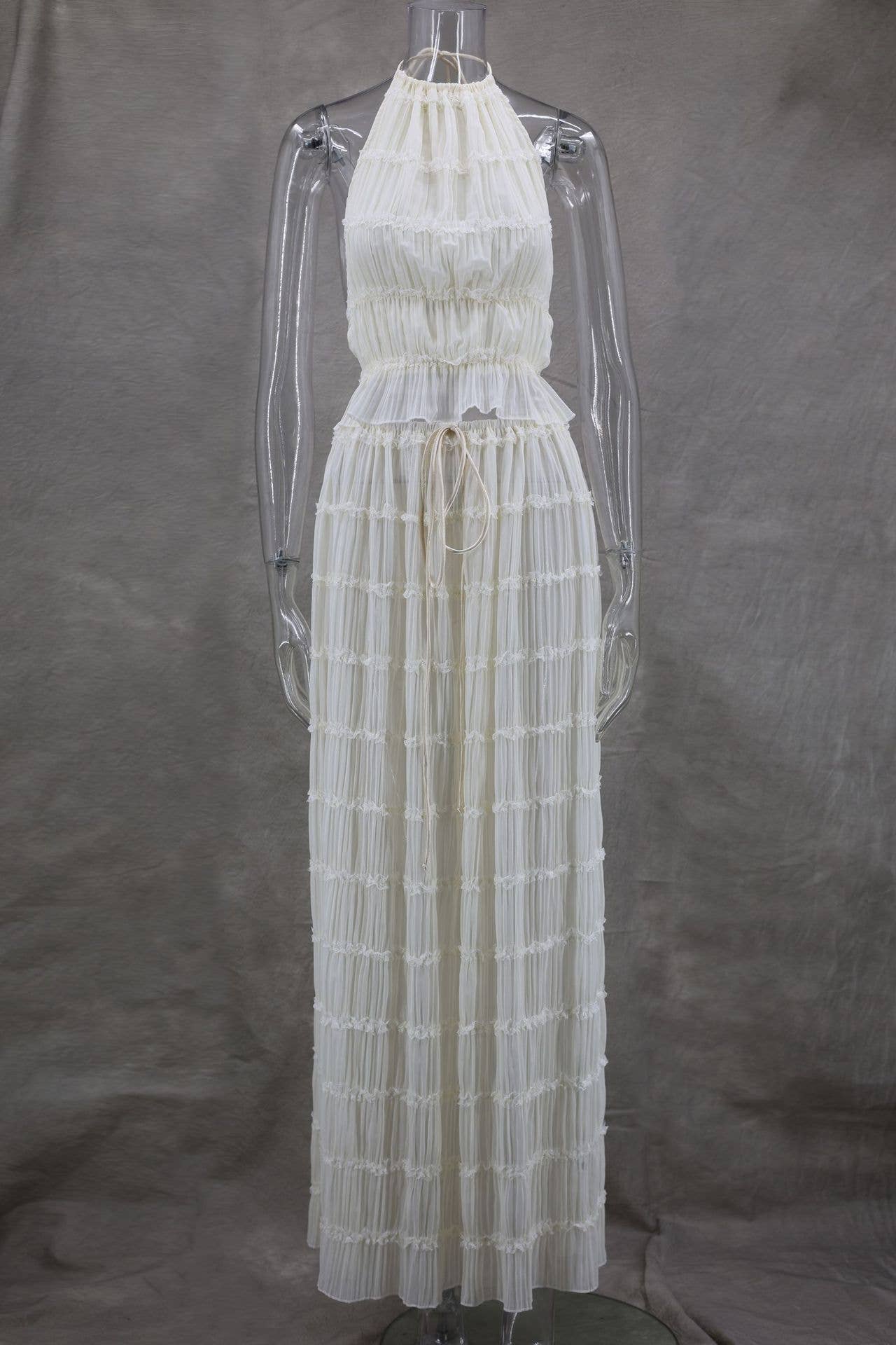 Sexy Backless Halter Lace Trim Cami Maxi Set