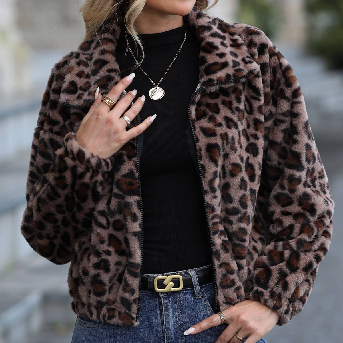 ZIPPER LONG-SLEEVED LEOPARD PRINT FLEECE JACKET