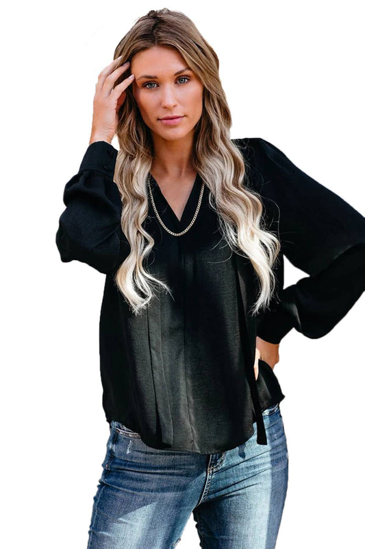 SOLID COLOR V-NECK LACE-UP LONG SLEEVE SHIRT