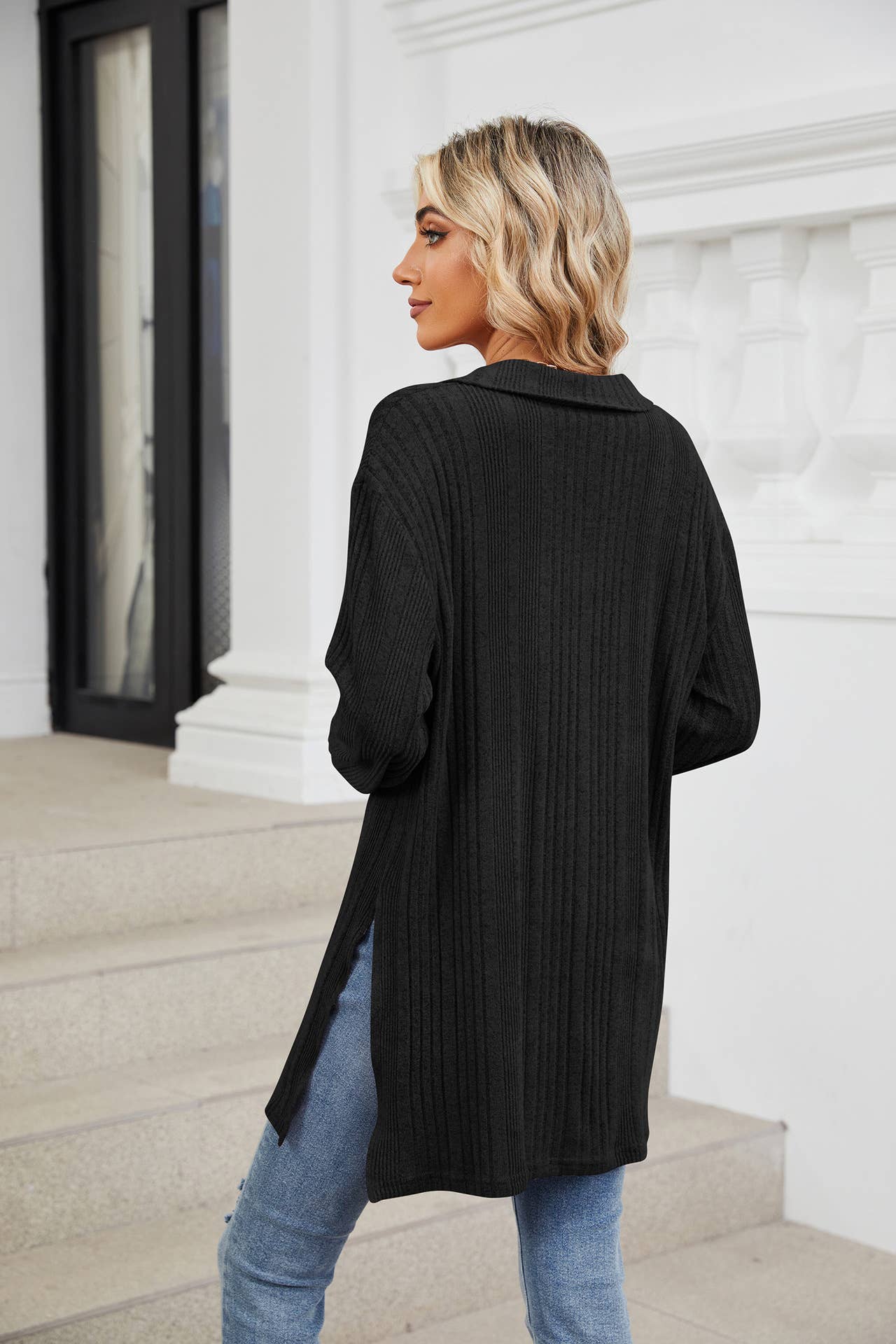 Solid-color V-neck long-sleeved loose slit Top