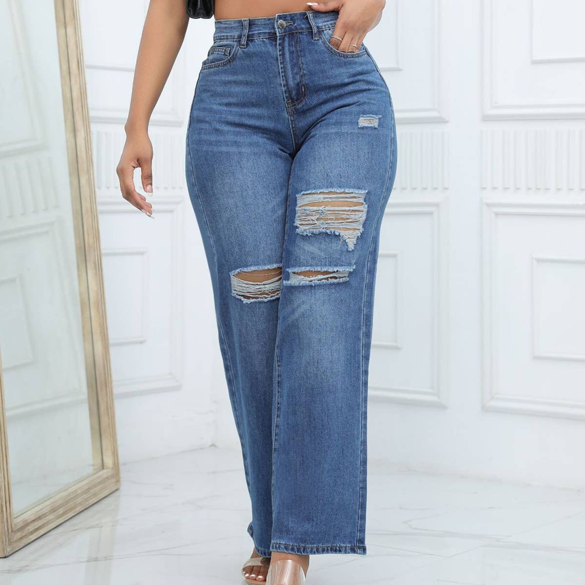 WOMENS WASHED HOLE BELL BOTTOMED PANTS JEANS_CWJP0166