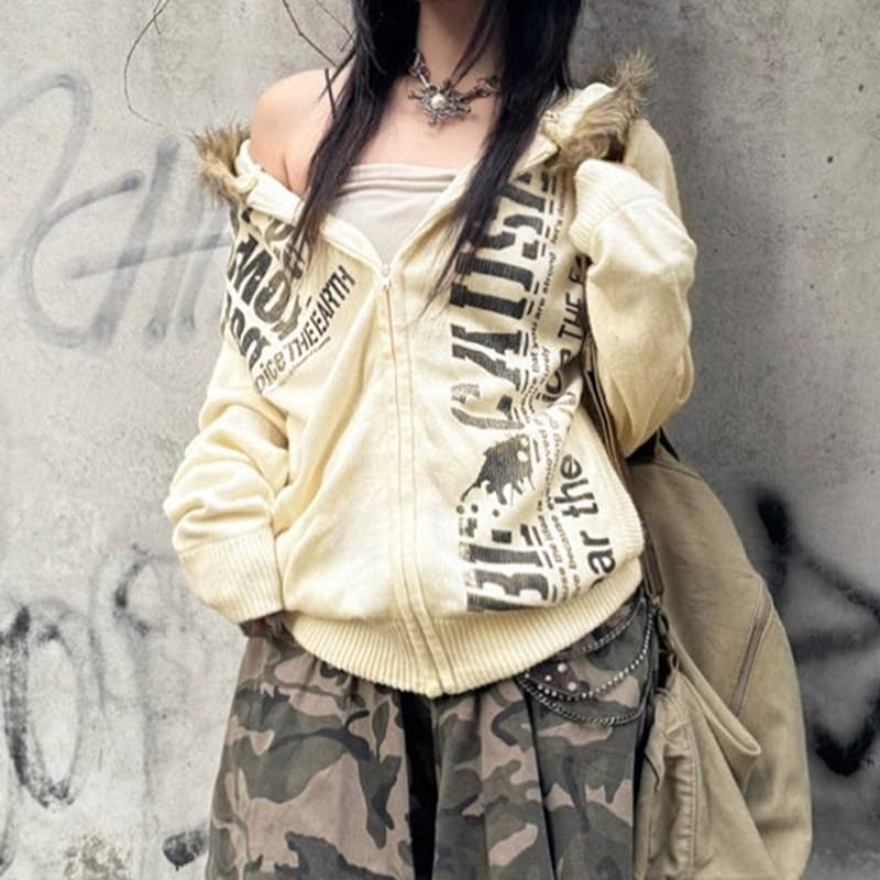 JUNK-STYLE VINTAGE PRINT HOODIE WITH FURRED HEM