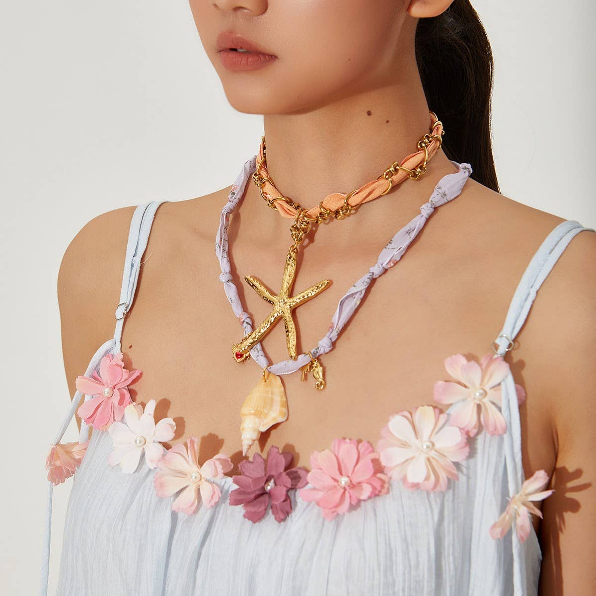 Ocean Style Silk Scarf Necklace with Star & Shell_CWMM8809