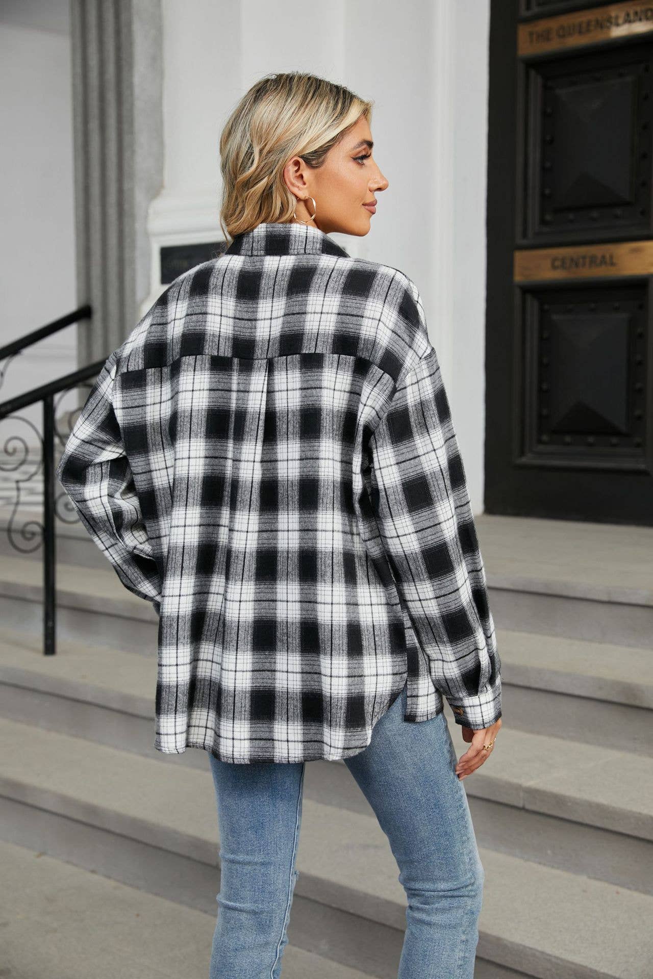 Lapel brushed striped long-sleeved plaid shirt