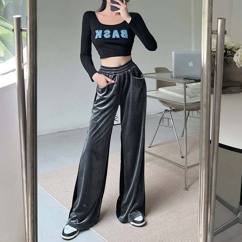 SUEDE WAIST WAIST FULL VERTICAL PATCHWORK PANTS