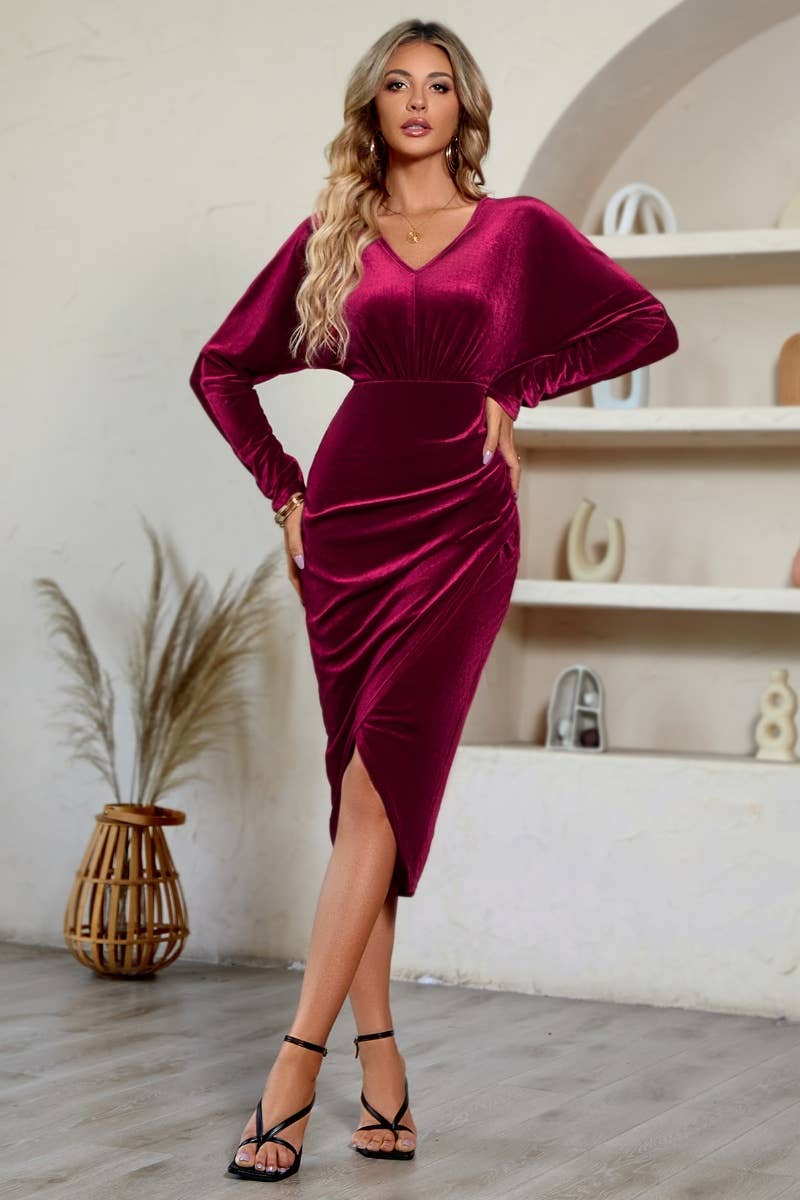 CWDSD6628_V-NECK LONG SLEEVE VELVET FANNY PACK HIP DRESS