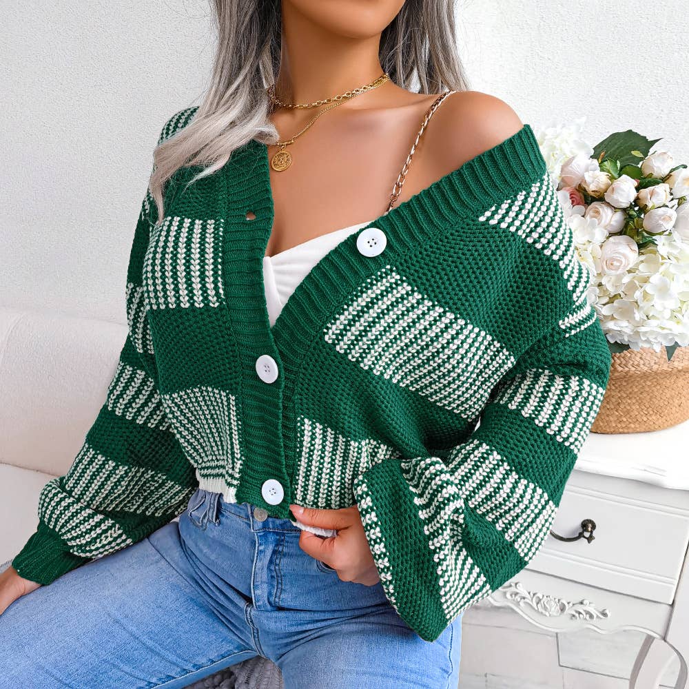 Striped lantern sleeve cardigan jacket