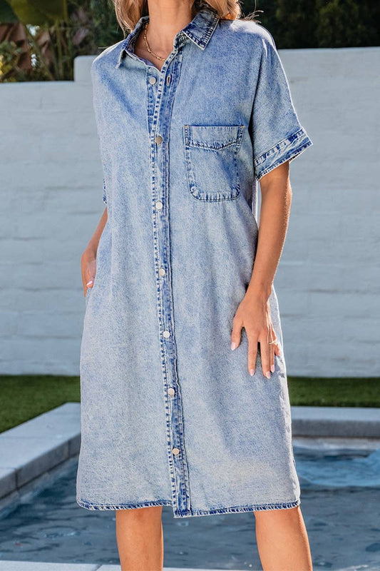 CWDSD5353_DENIM SINGLE-BREASTED SHORT-SLEEVED DRESS SHORT