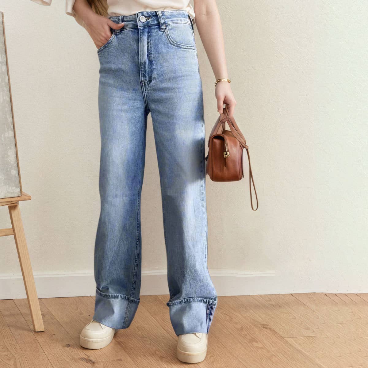 Slightly elastic straight-leg slim wide-leg jeans