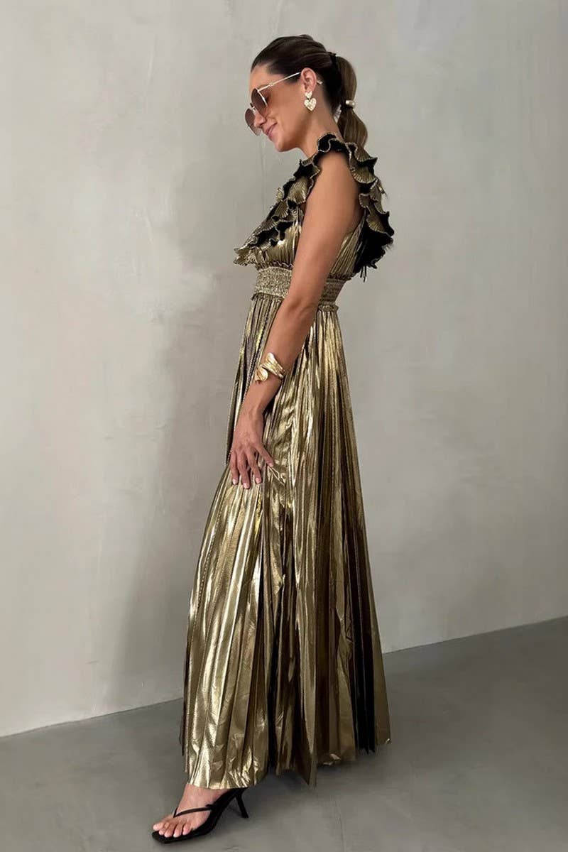 CWDMD5560_SUMMER PLEATED RUFFLED BACKLESS LACE-UP DRESS