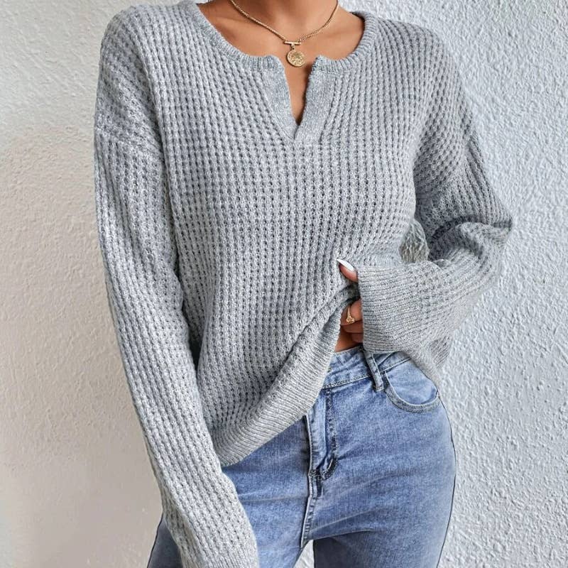 V-NECK SOLID COLOR PULLOVER SWEATER FOR WOMEN