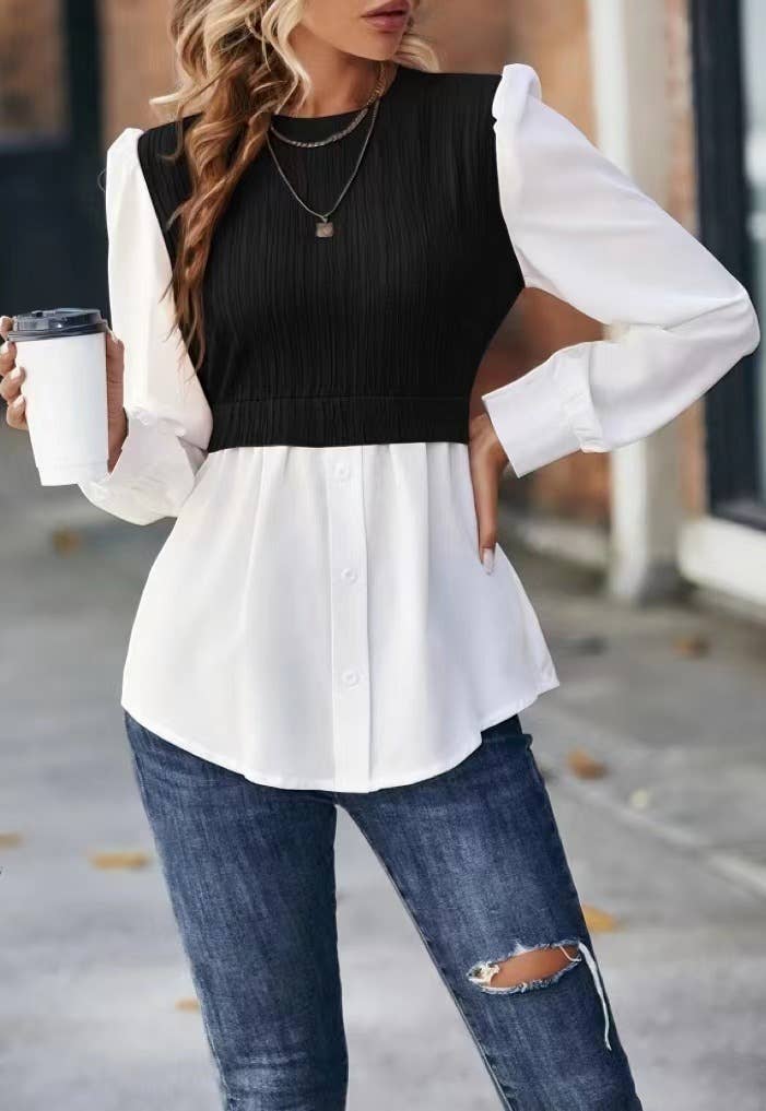 Round-neck wavy striped patchwork shirt